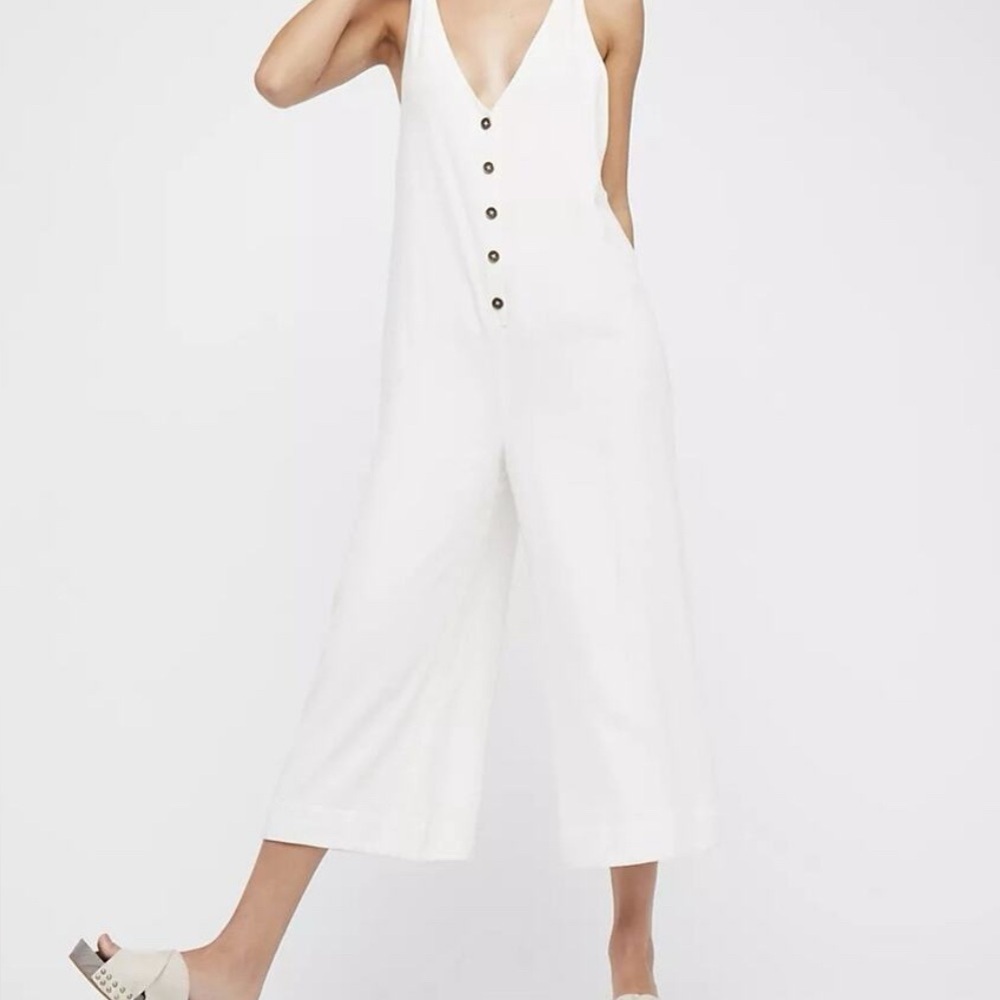 Free People Ivory Button Front Wide Leg Jumpsuit Size M
